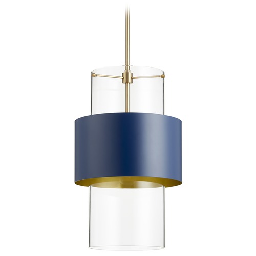 Quorum Lighting Aged Brass & Blue Pendant with Cylindrical Shade by Quorum Lighting 8013-3280