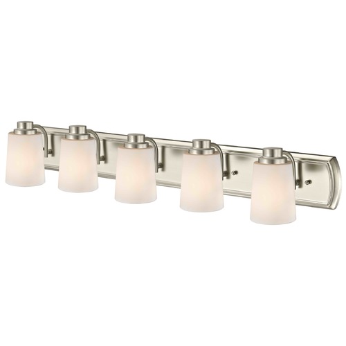 Design Classics Lighting 5-Light Bath Bar in Satin Nickel with White Glass 1205-09 GL1027