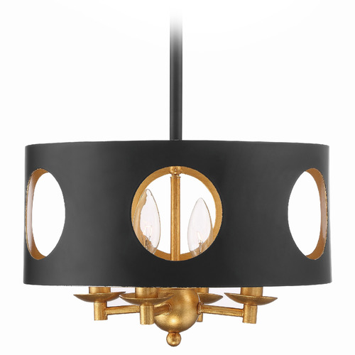 Crystorama Lighting Crystorama Lighting Odelle Black & Antique Gold Pendant Light with Drum Shade ODE-700-BK-GA