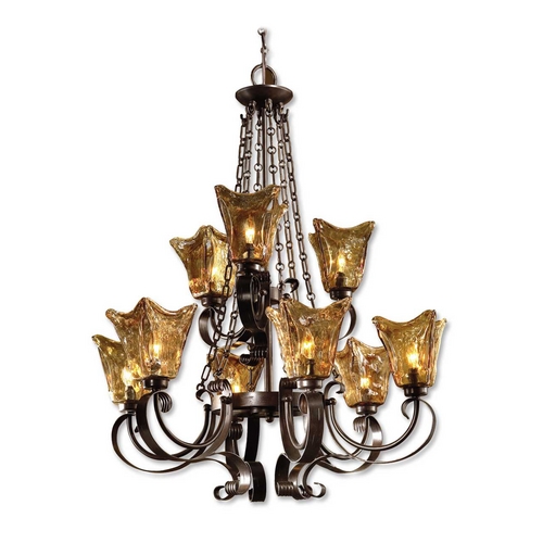 Uttermost Lighting 2-Tier 9-Light Chandelier with Amber Glass in Oil Rubbed Bronze by Uttermost Lighting 21005
