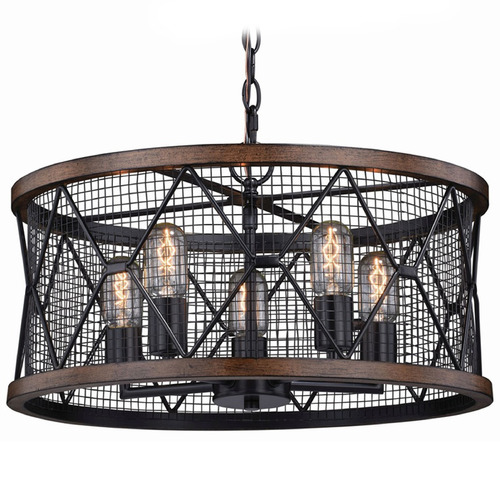 Vaxcel Lighting Vaxcel Lighting Bremerton Black & Burnished Teak Pendant Light with Drum Shade H0207