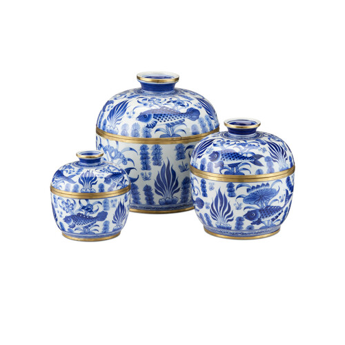Currey and Company Lighting Blue & White Rice Tureen Set of 3 by Currey & Company 1200-0969