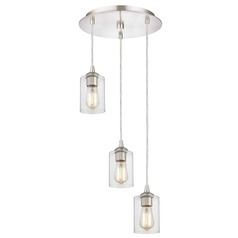 Satin Nickel Multi-Light Pendant with Clear Cylinder Glass and 3-Lights