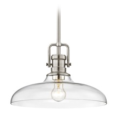 Industrial Clear Glass Pendant Light Satin Nickel 14-Inch Wide