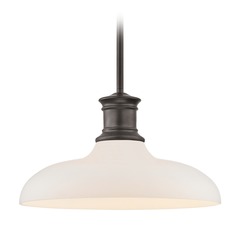 Industrial Bronze Pendant Light with White Glass 14-Inch Wide