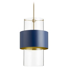 Aged Brass & Blue Pendant with Cylindrical Shade by Quorum Lighting