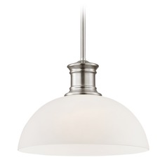 Satin Nickel Pendant Light with White Glass 13-Inch Wide