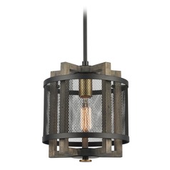Elk Lighting Woodbridge Matte Black, Weathered Oak, Aged Brass Pendant Light with Drum Shade