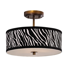 Zebra Print Ceiling Light with Drum Shade in Bronze - 14 Inches Wide