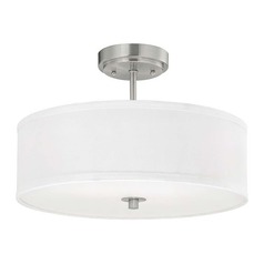 Semi-Flush with White Drum Shade in Satin Nickel - 16 Inches Wide