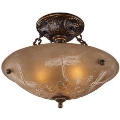 Semi-Flushmount Light with Amber Glass in Golden Bronze Finish