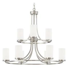 White Glass Chandelier Satin Nickel 9-Lt