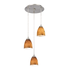 Modern Multi-Light Pendant Light with Brown Art Glass and 3-Lights