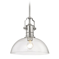Industrial Satin Nickel Pendant Light with Clear Glass 13-Inch Wide