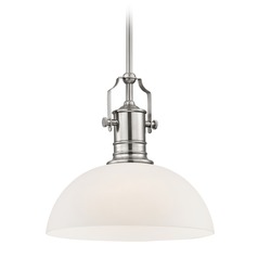 Industrial Satin Nickel Pendant Light with White Glass 13-Inch Wide
