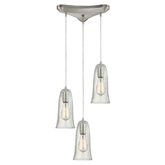 Elk Lighting Hammered Glass Satin Nickel Multi-Light Pendant with Bell Shade